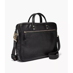 Fossil Men's Haskell Black Leather Briefcase 16.5" X 4" X 12.5"